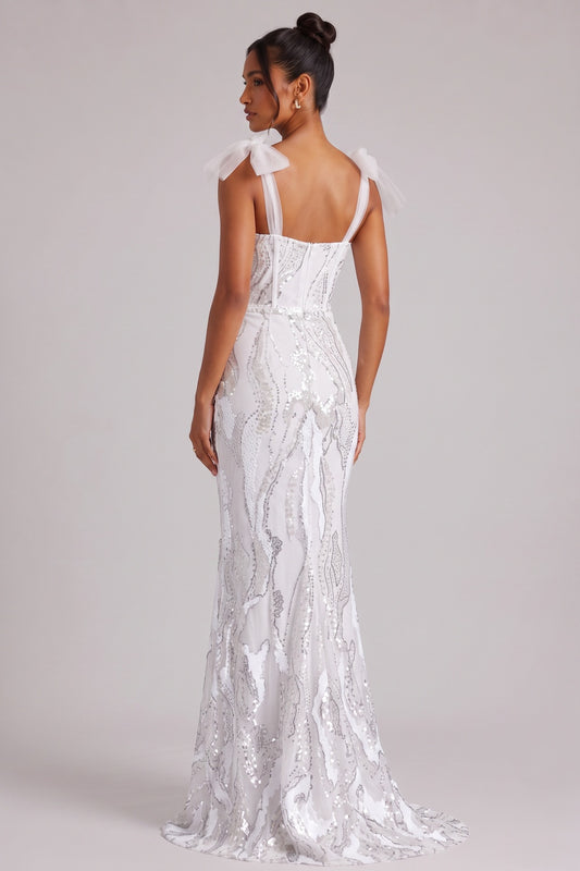 White Sequin Embellished Floor-Length Gown with Bow Shoulder Straps Premium Fabric - product view 1