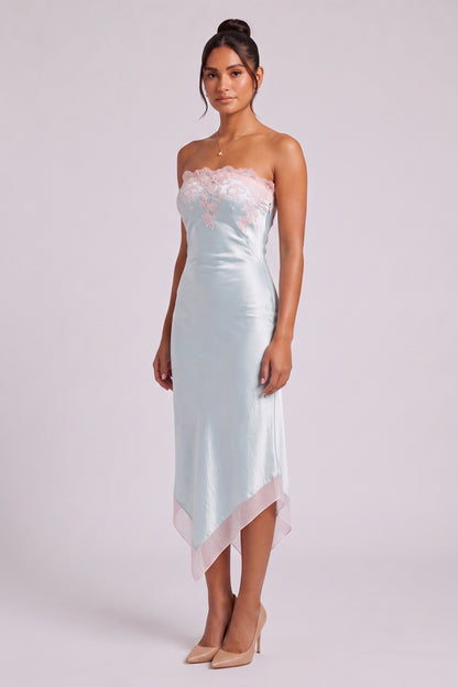 Pale Blue Satin Sheath Dress with Pink Lace Trim pale blue satin dress - product view 2