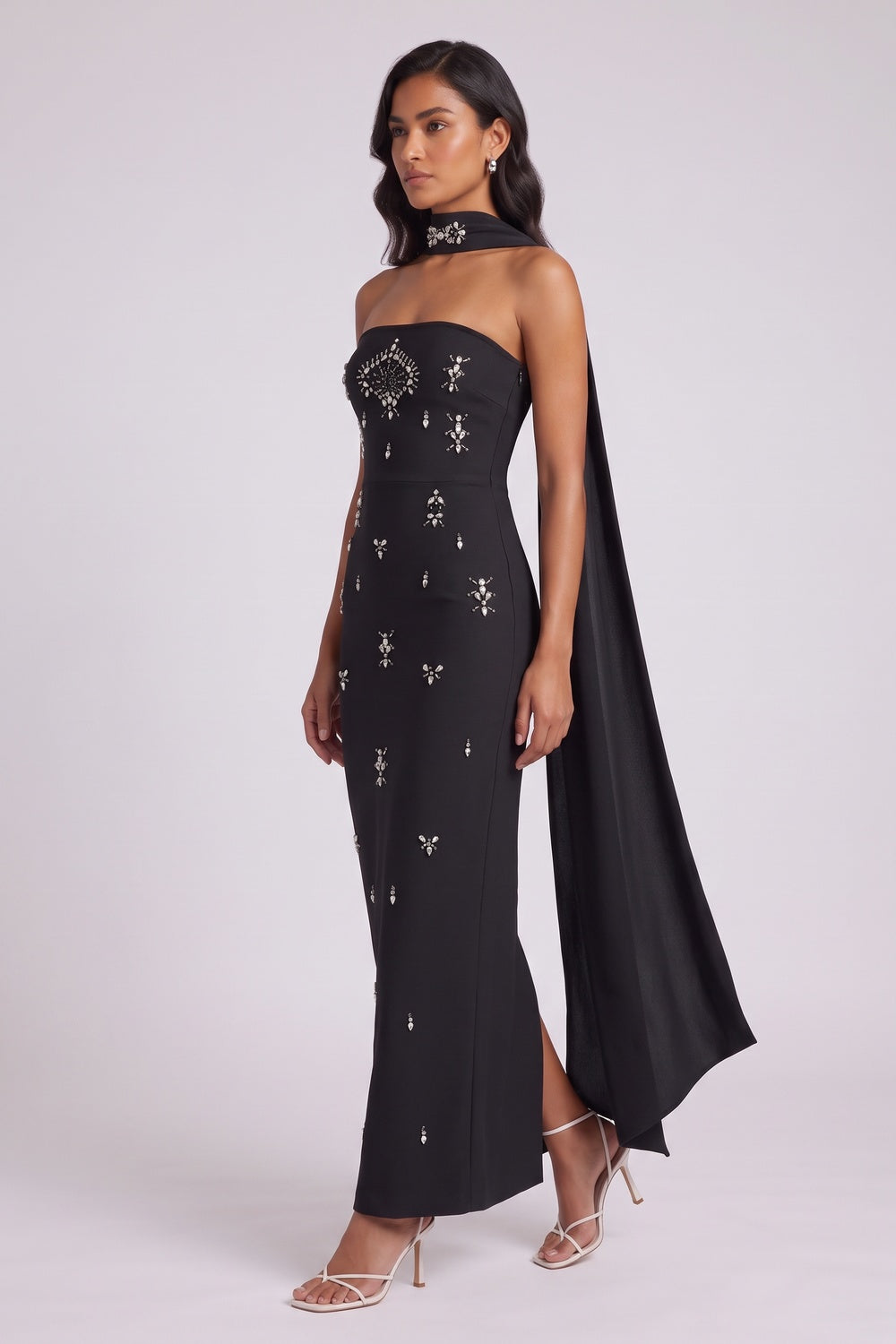 Black Crepe Column Maxi Dress with Silver Embellishment and Cape Detail black crepe maxi dress - product view 3