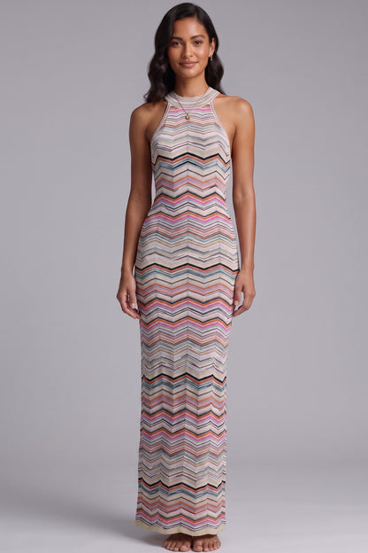 Premium Fabric Zigzag Halter Maxi Dress Premium Fabric - product view 1