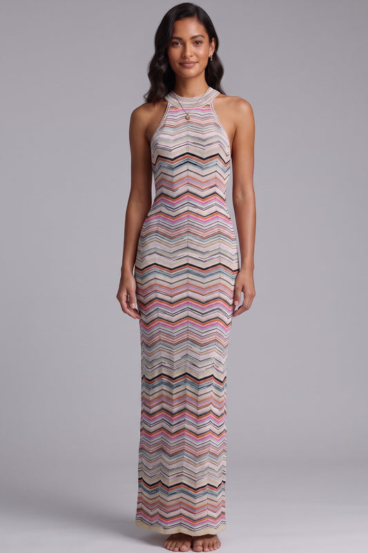 Premium Fabric Zigzag Halter Maxi Dress Premium Fabric - product view 1
