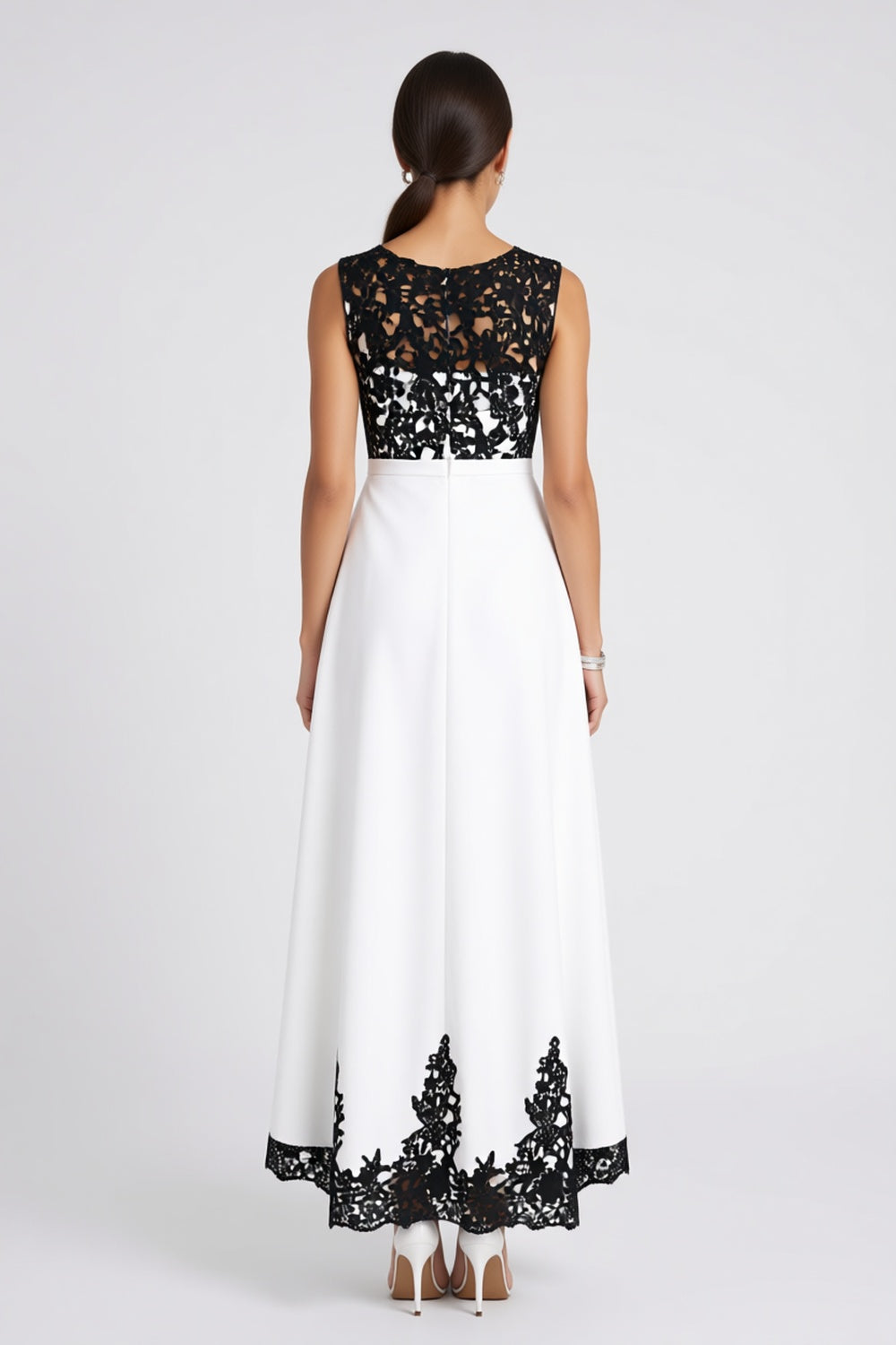 White Black Floral Lace A-line High-low Evening Dress Sleeveless Round Neck White White structured fabric (composition unknown) Evening Dress - product view 5