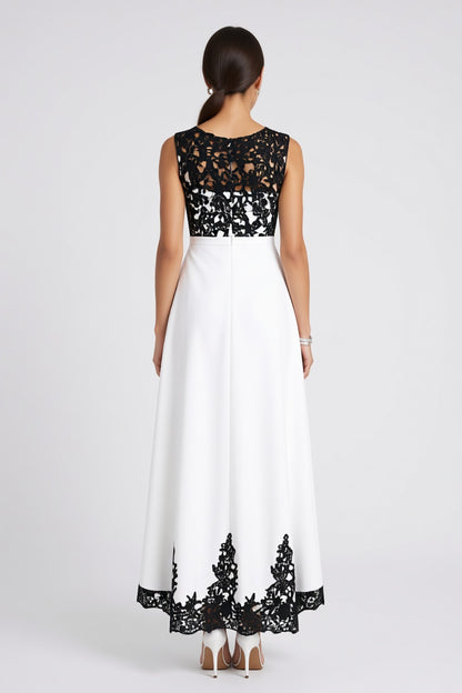 White Black Floral Lace A-line High-low Evening Dress Sleeveless Round Neck White White structured fabric (composition unknown) Evening Dress - product view 5