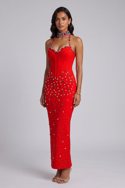 Red Crepe Sheath Dress with Embellished Halter Neck red crepe dress - product view 1