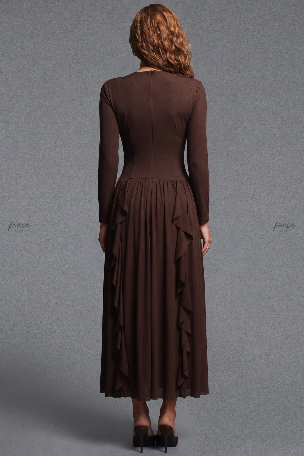 Dark Brown A-Line Maxi Dress with Lace Trim V-Neck and Cascading Ruffles dark brown lightweight knit jersey dress - product view 3