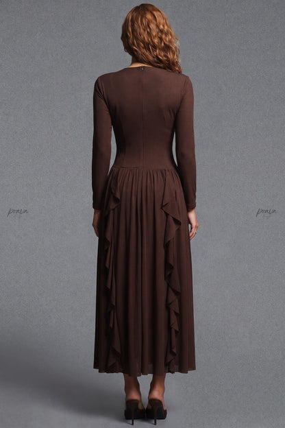Dark Brown A-Line Maxi Dress with Lace Trim V-Neck and Cascading Ruffles dark brown lightweight knit jersey dress - product view 3