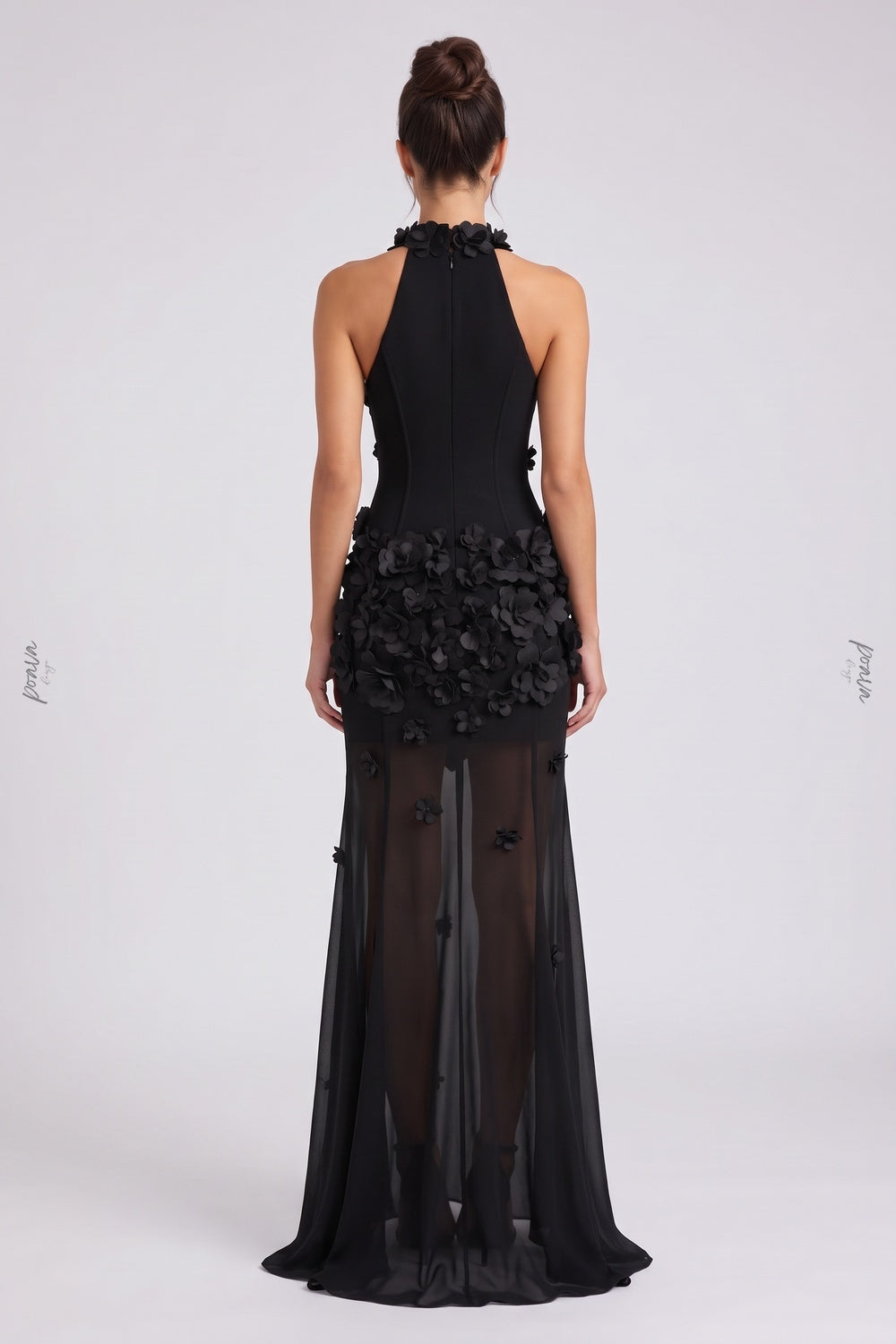 Black Crepe Fitted Bodice with Flowing Sheer Skirt Gown black crepe gown - product view 3