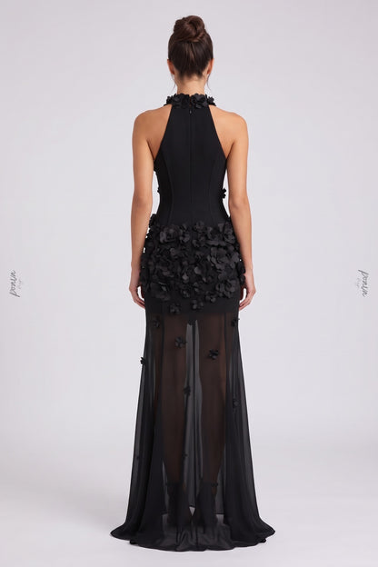 Black Crepe Fitted Bodice with Flowing Sheer Skirt Gown black crepe gown - product view 3