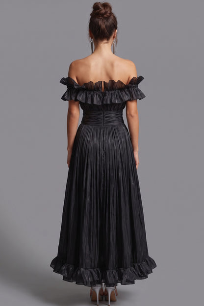 Black Pleated Organza Fit-and-Flare Midi Dress black pleated organza or taffeta dress - product view 3