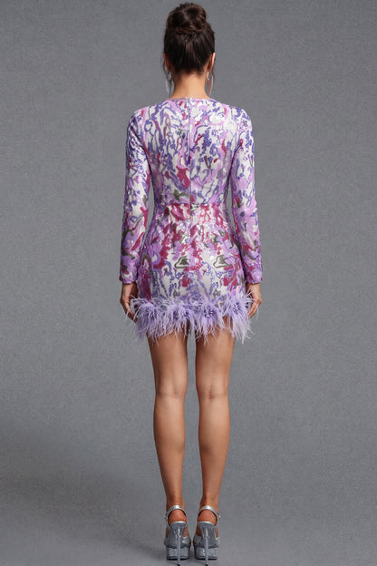 Lavender Jacquard Brocade Bodycon Mini Dress lavender, magenta, white jacquard brocade mini dress - product view 3