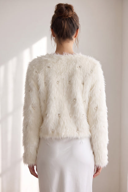 Off-White Faux Fur Shaggy Knit Cardigan With Pearl Embellishments off-white, cream faux fur / shaggy knit cardigan - product view 3