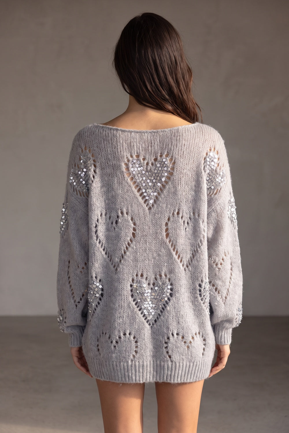 Grey Oversized Slouchy Sweater with Sequin Heart Motifs grey chunky knit yarn sweater - product view 3