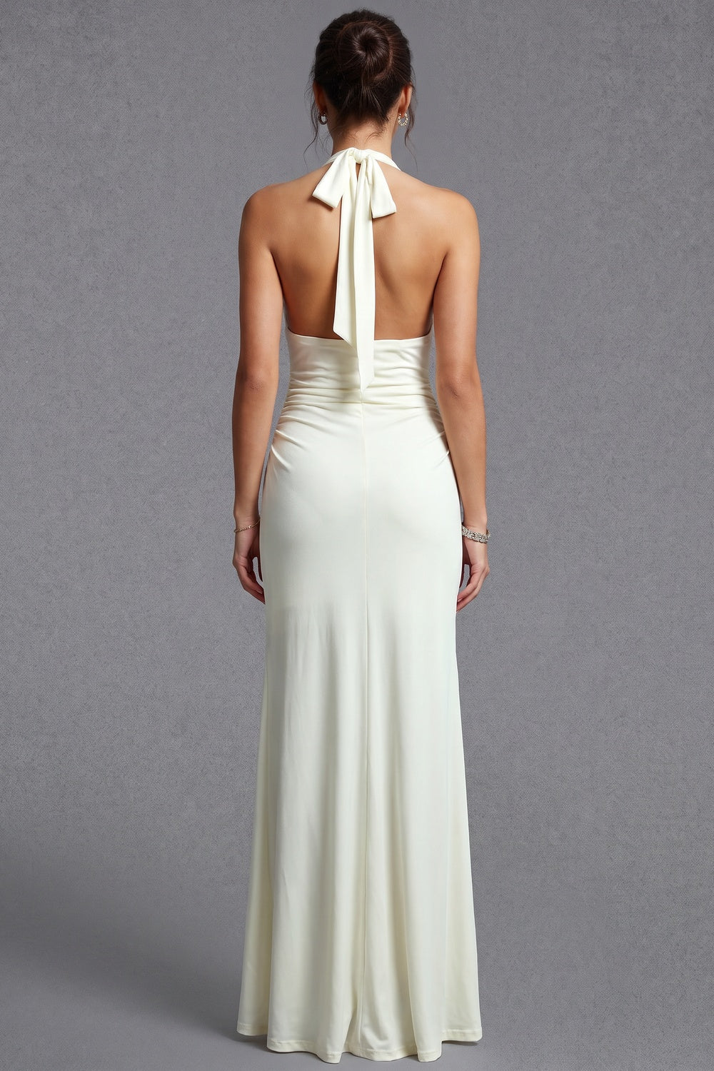 Cream Stretch Jersey Maxi Dress with Halter Neck and Ruched Detail cream, off-white stretch jersey knit dress - product view 3