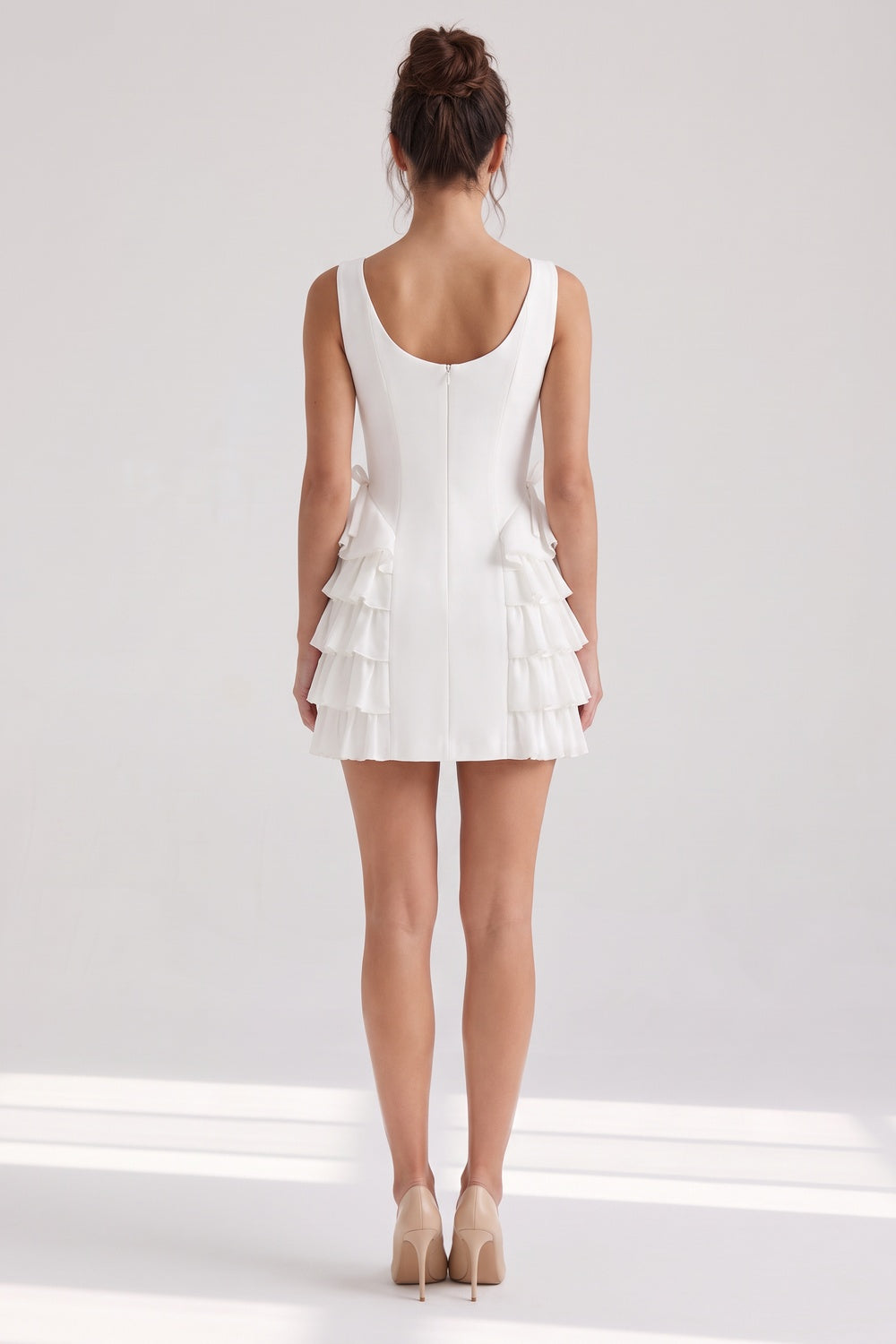 White Structured Crepe A-Line Dress with Side Ruffles white structured crepe or heavy woven blend dress - product view 3