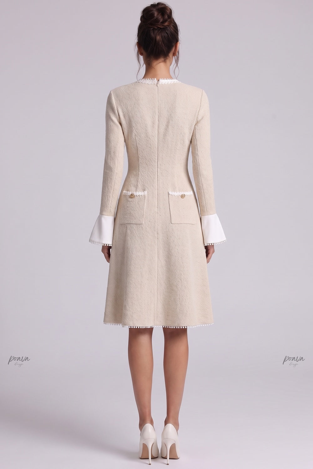 Beige Textured Bouclé Knit A-Line Midi Dress beige textured boucle knit dress - product view 3