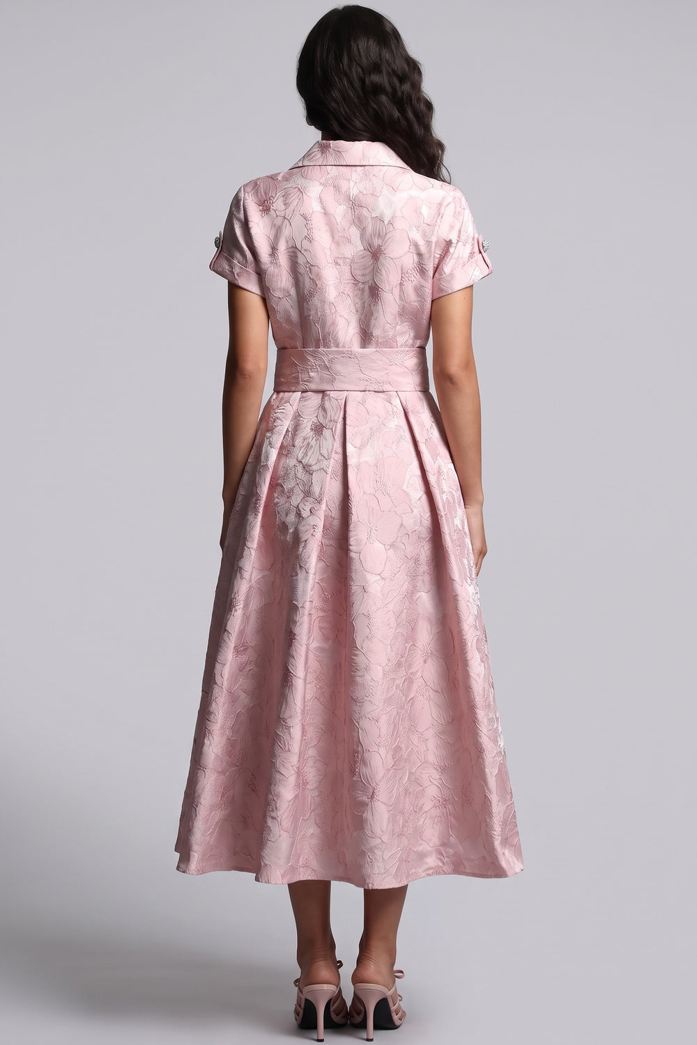 Pale Pink Floral Jacquard Fit-and-Flare Midi Dress with Metallic Sheen Pale pink Floral jacquard / brocade Midi dress - product view 3