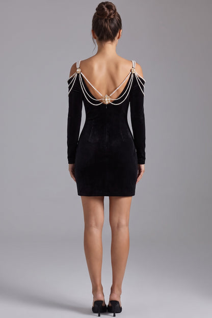 Black Velvet Cold-Shoulder Sheath Dress with Pearl Strands black velvet dress - product view 3