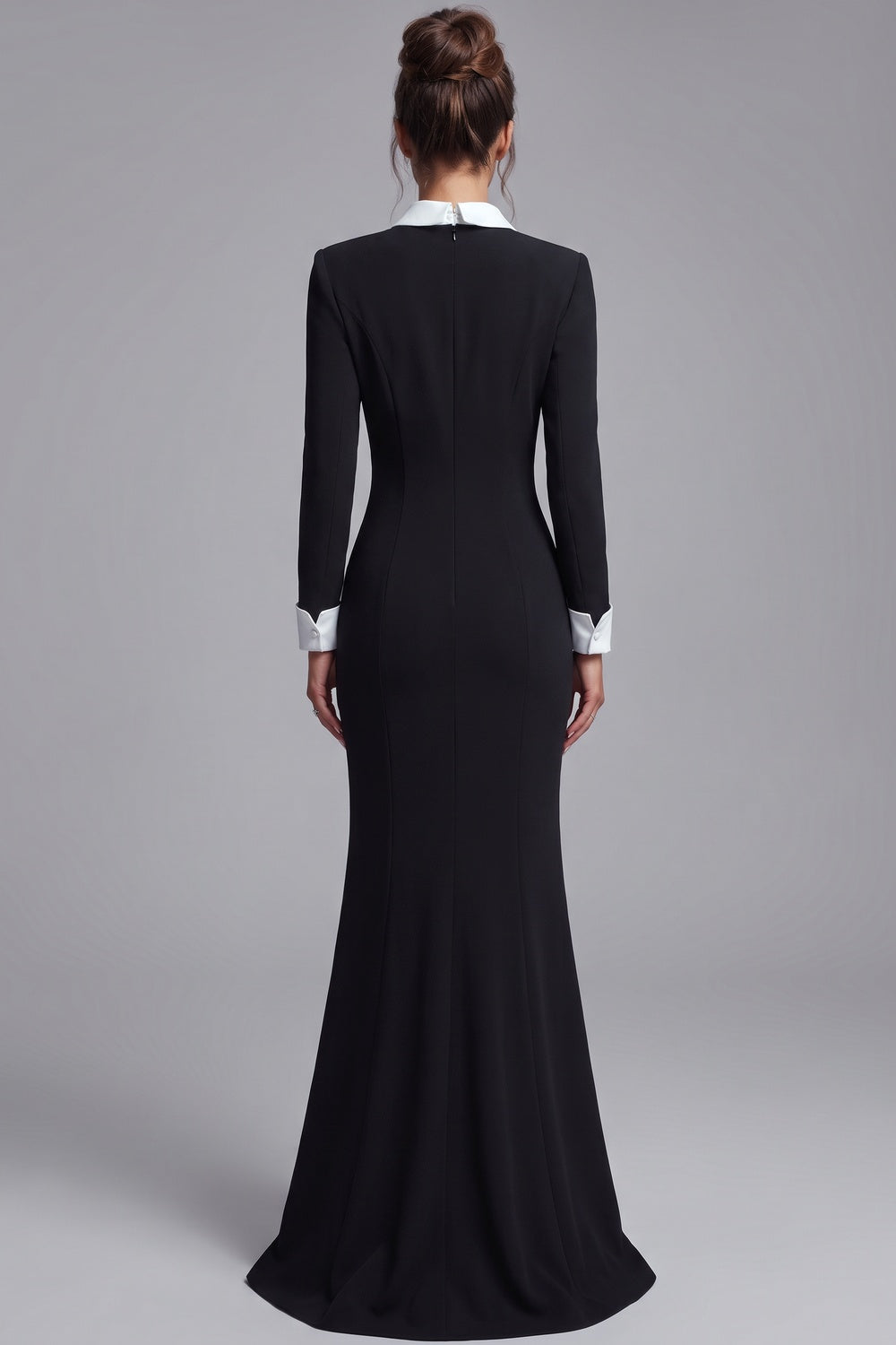 Black Structured Crepe Mermaid Gown with Crystal Embellishment black structured crepe gown - product view 3