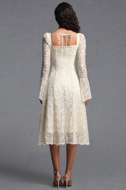 Cream Floral Lace A-Line Midi Dress cream floral lace dress - product view 3