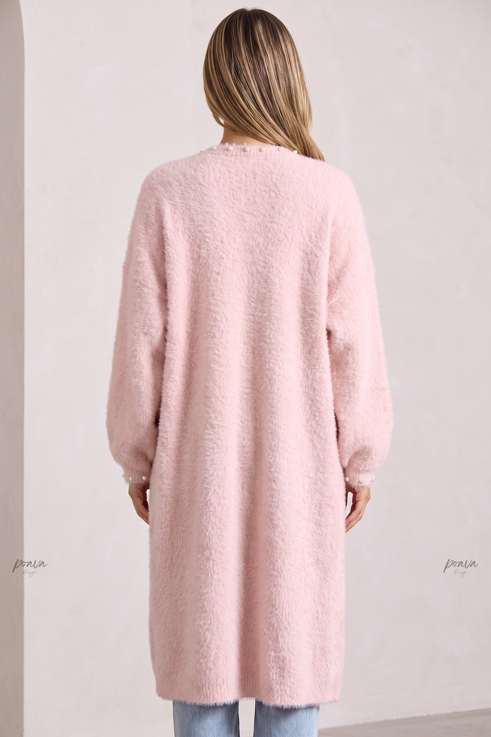 Pale Pink Eyelash Knit Oversized Cocoon Open-Front Cardigan pale pink eyelash knit long open-front cardigan - product view 3