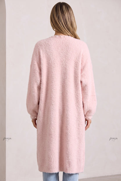 Pale Pink Eyelash Knit Oversized Cocoon Open-Front Cardigan pale pink eyelash knit long open-front cardigan - product view 3