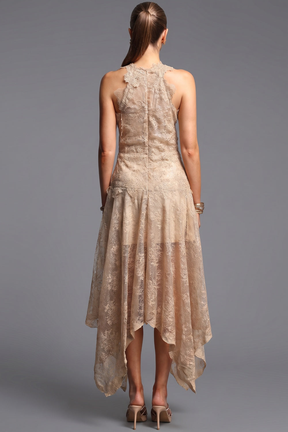 Beige Corded Floral Lace A-Line Midi Dress with Asymmetrical Hem beige, champagne corded floral lace dress - product view 3
