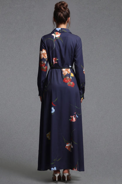 Navy Blue Floral Satin-Weave A-Line Shirt Dress navy blue satin-weave synthetic or silk blend shirt dress - product view 3