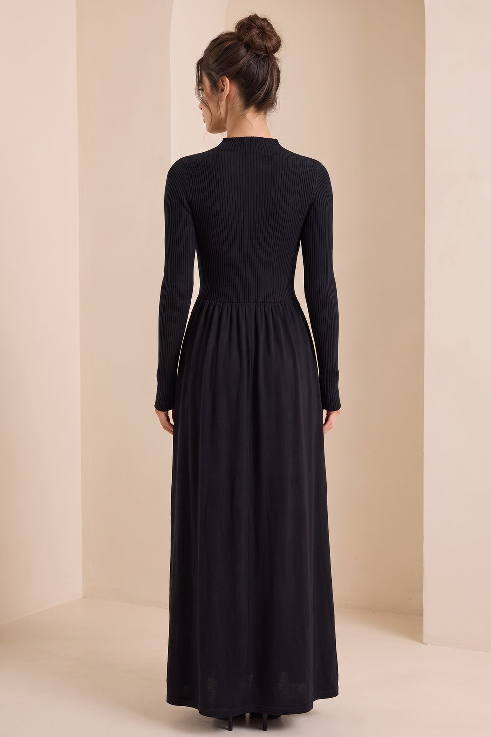 Black Ribbed Knit Mock Neck Maxi Dress black fine ribbed knit dress - product view 3