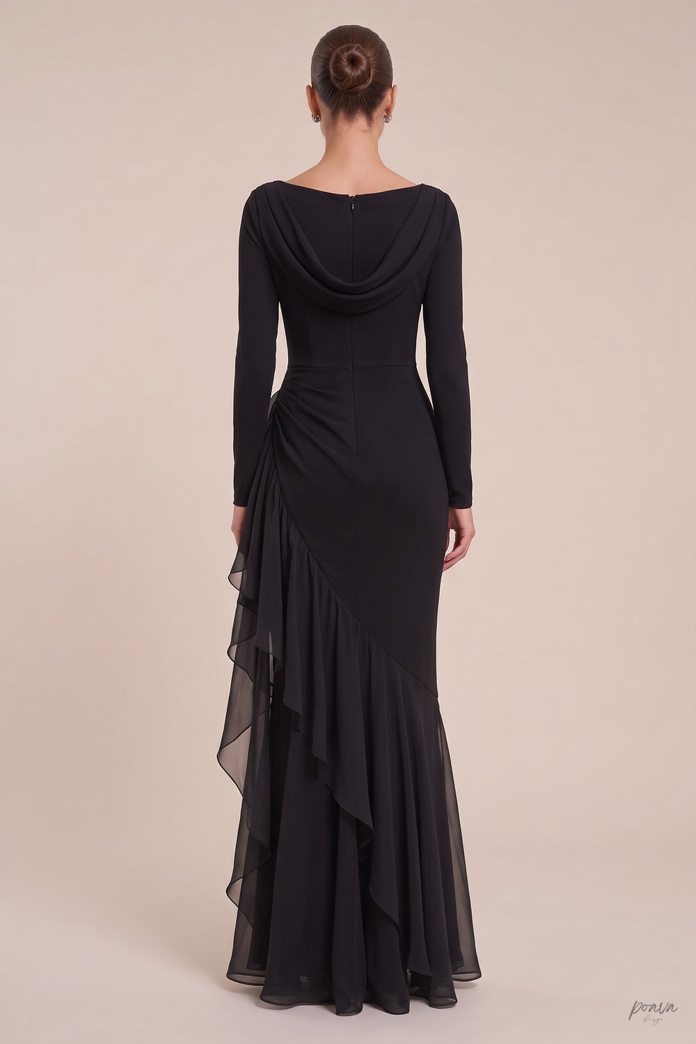 Black Mermaid Evening Gown with Sheer Ruffle Detail black opaque matte crepe evening gown - product view 3