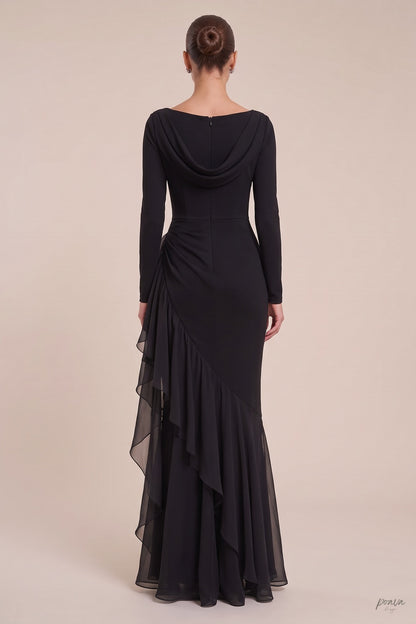 Black Mermaid Evening Gown with Sheer Ruffle Detail black opaque matte crepe evening gown - product view 3