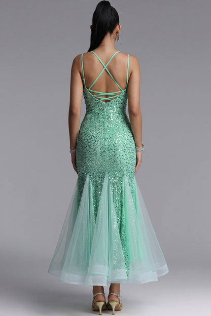 Mint Green Sequin Mermaid Maxi Dress with Tulle Overlay Premium Fabric - product view 5