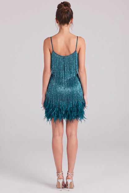 teal metallic fringe fitted shift dress teal metallic fringe dress - product view 3