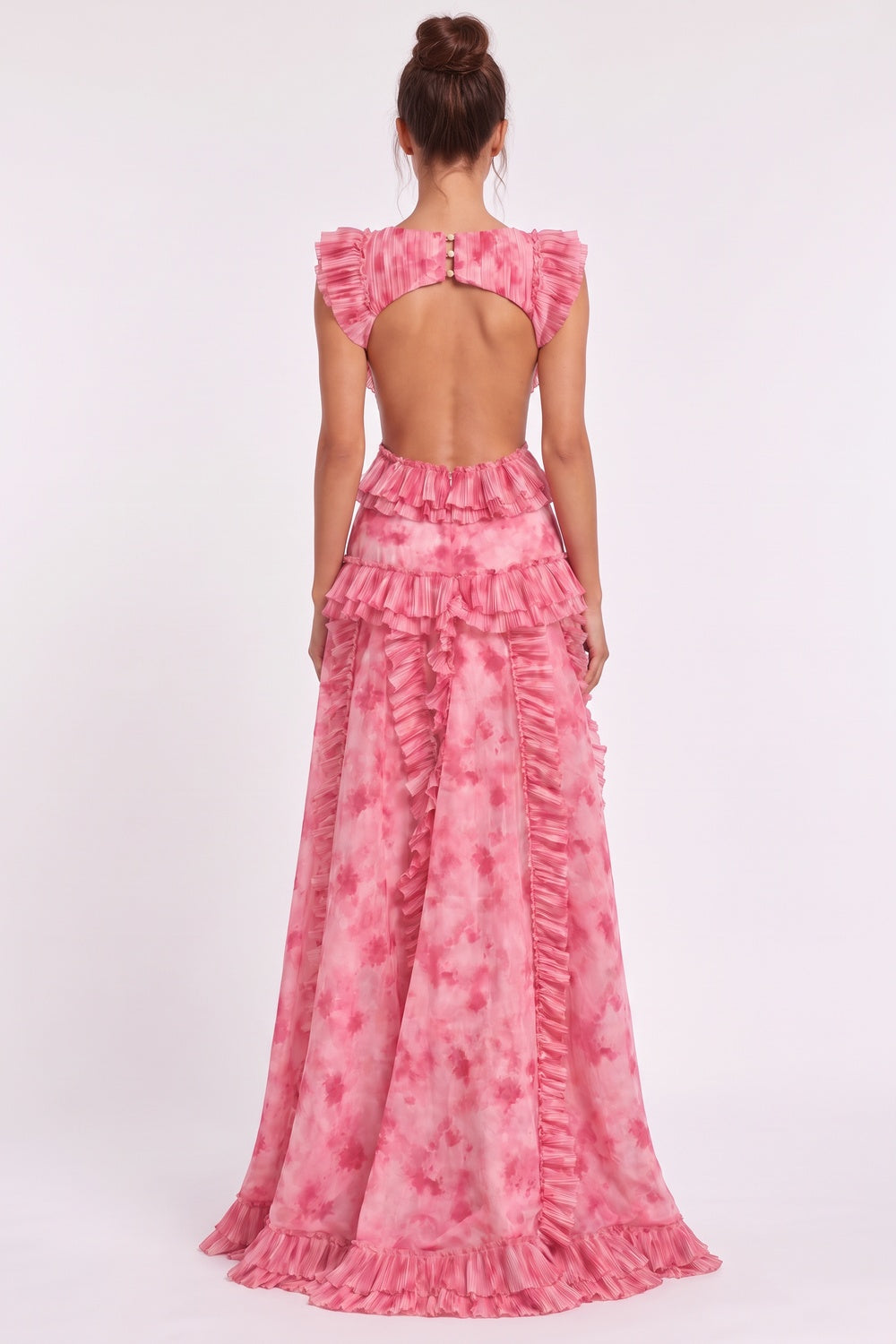 Pink Watercolor Chiffon A-Line Gown with Waist Cut-Outs pink chiffon gown - product view 3