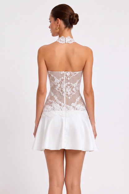 White Halter Lace Mini Dress Premium Fabric - product view 6