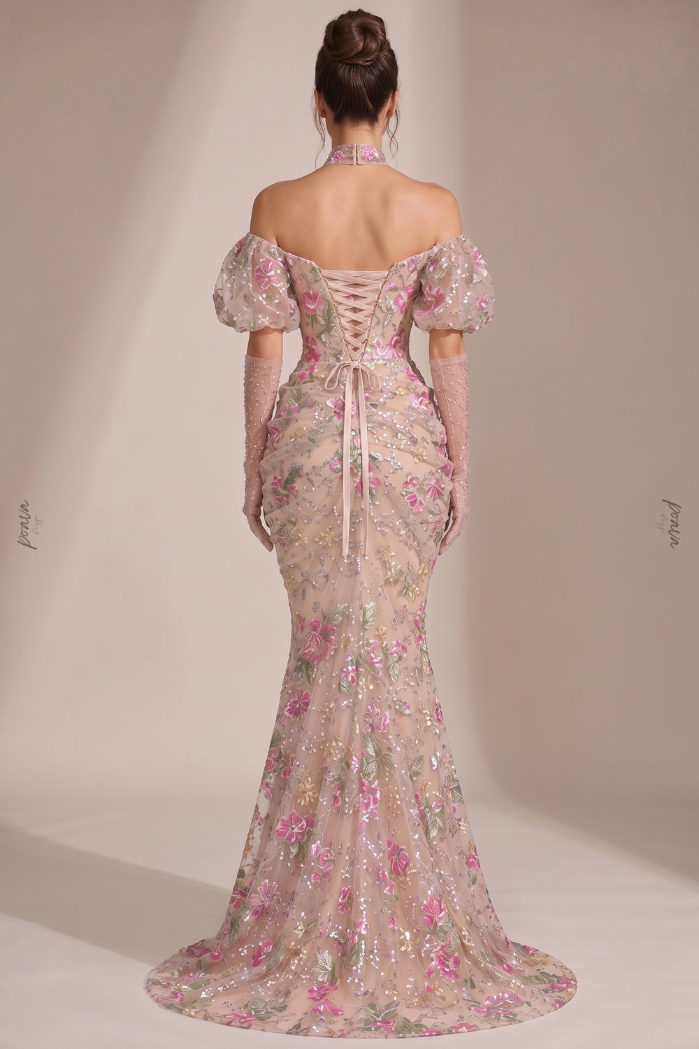 Nude Embroidered Tulle Mesh Mermaid Gown with Floral Sequin Detailing nude, beige embroidered tulle mesh gown - product view 3