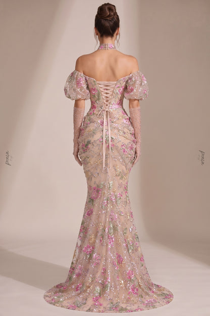 Nude Embroidered Tulle Mesh Mermaid Gown with Floral Sequin Detailing nude, beige embroidered tulle mesh gown - product view 3