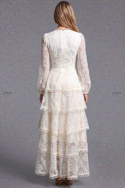Off-white embroidered lace on mesh base tiered A-line maxi dress off-white embroidered lace on mesh base maxi dress - product view 3