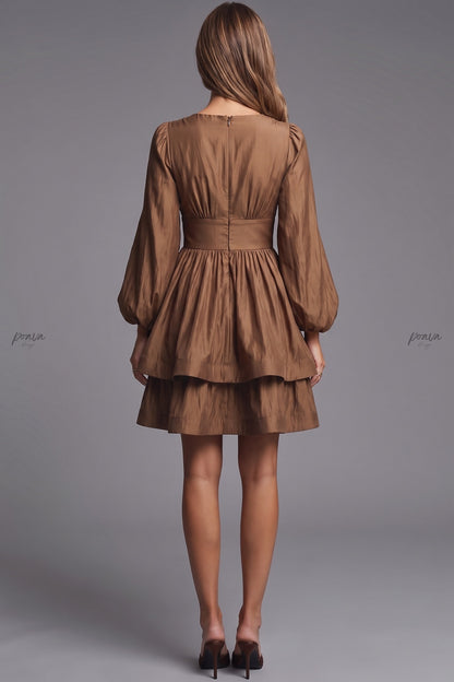 Bronze Brown Taffeta-Like Fit-and-Flare Tiered Mini Dress bronze brown taffeta-like synthetic or silk blend dress - product view 2
