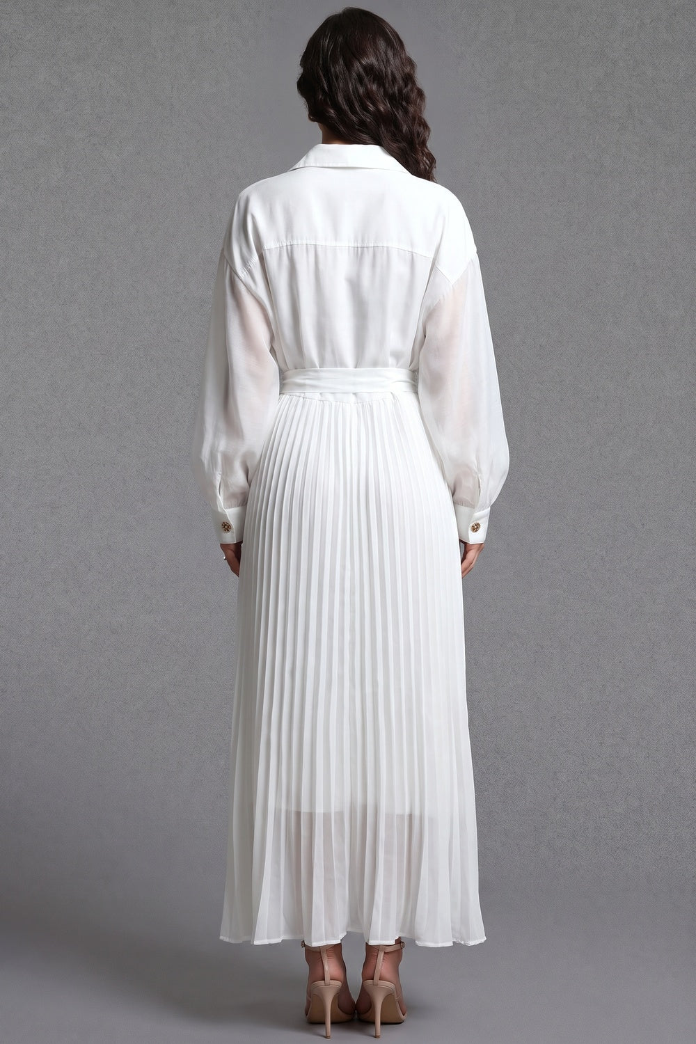 White Semi-Sheer Chiffon Pleated Shirt Dress white semi-sheer chiffon pleated shirt dress - product view 3