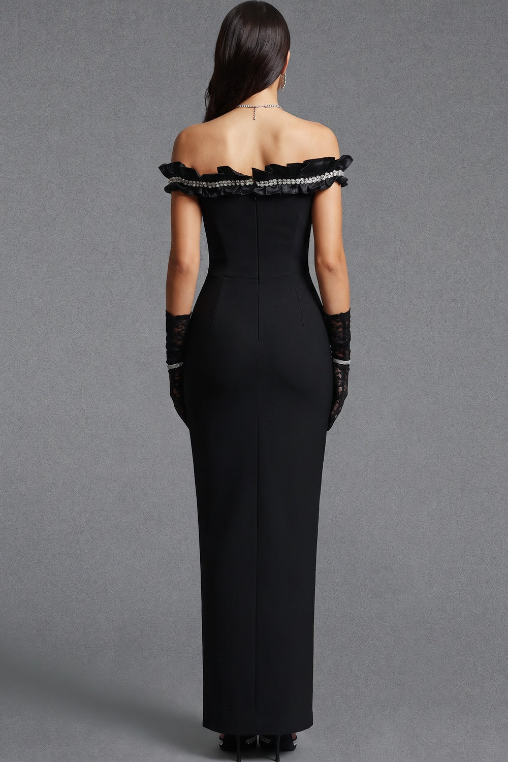Black Structured Crepe Column Gown with Rhinestone Ruffle black structured crepe gown - product view 3