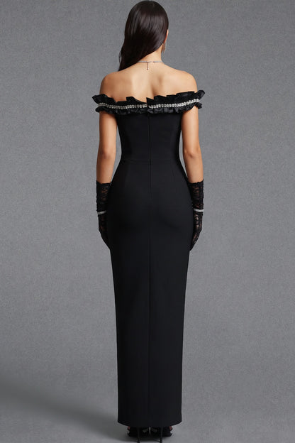 Black Structured Crepe Column Gown with Rhinestone Ruffle black structured crepe gown - product view 3