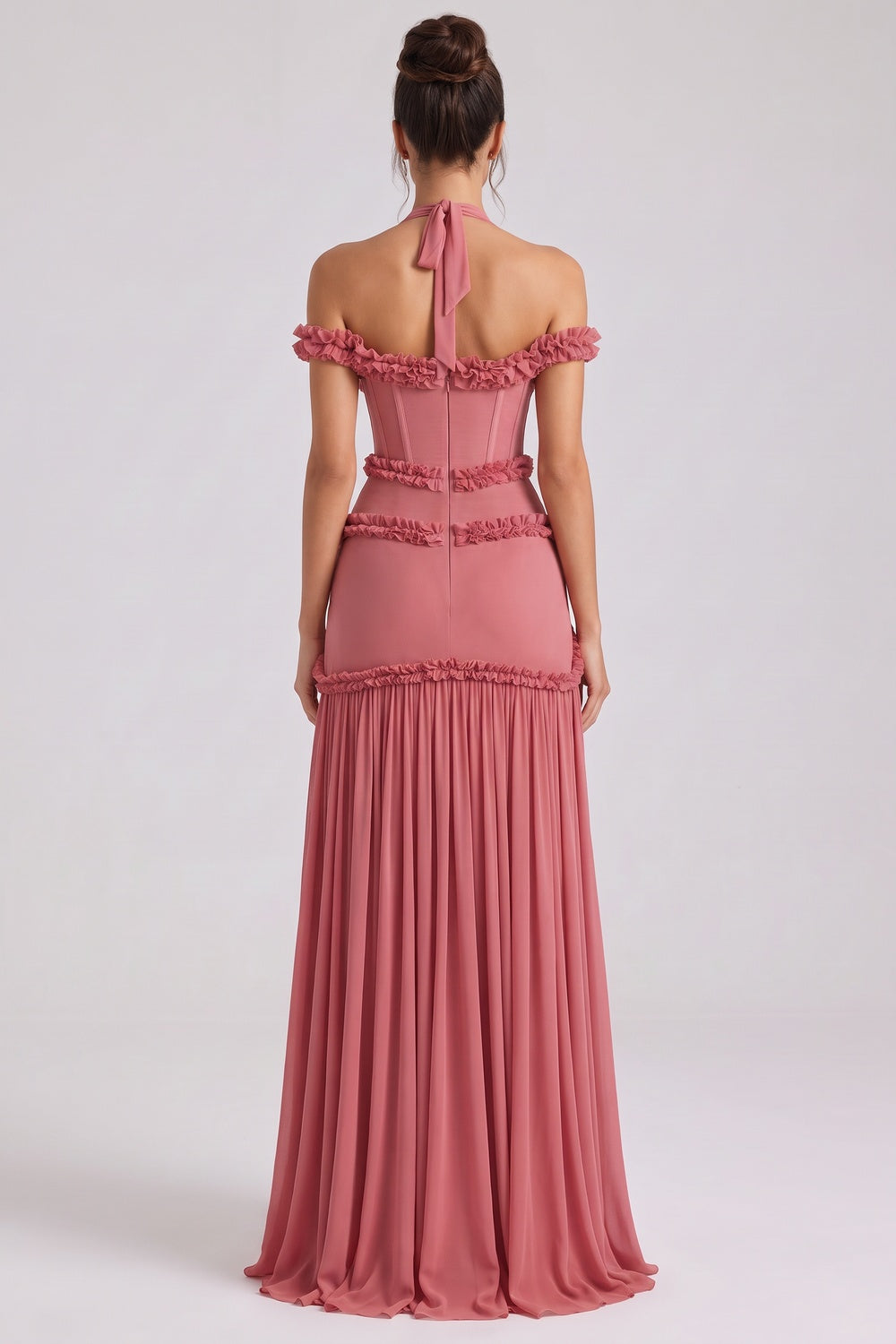 Dusty Rose Fitted Corset Gown with Tiered Ruffles and Halter Neck dusty rose lightweight crepe or georgette gown - product view 3