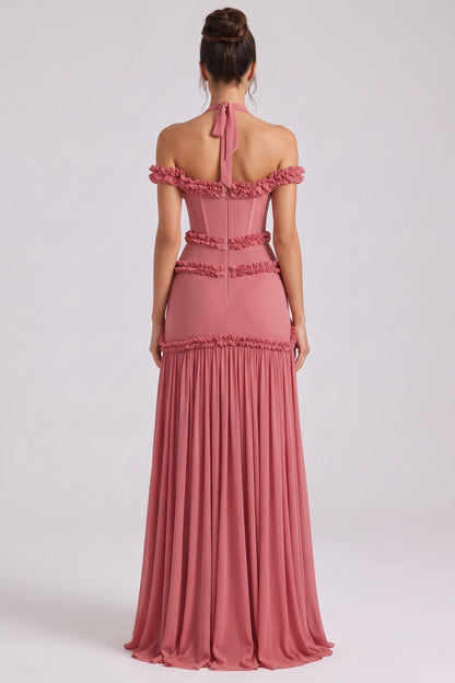 Dusty Rose Fitted Corset Gown with Tiered Ruffles and Halter Neck dusty rose lightweight crepe or georgette gown - product view 3