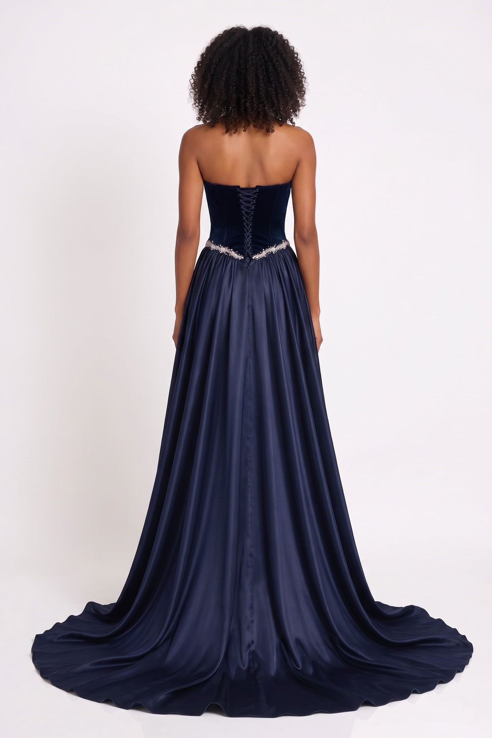 Navy Blue Strapless Velvet and Satin Evening Gown Premium Fabric - product view 5