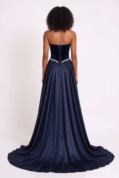 Navy Blue Strapless Velvet and Satin Evening Gown Premium Fabric - product view 5