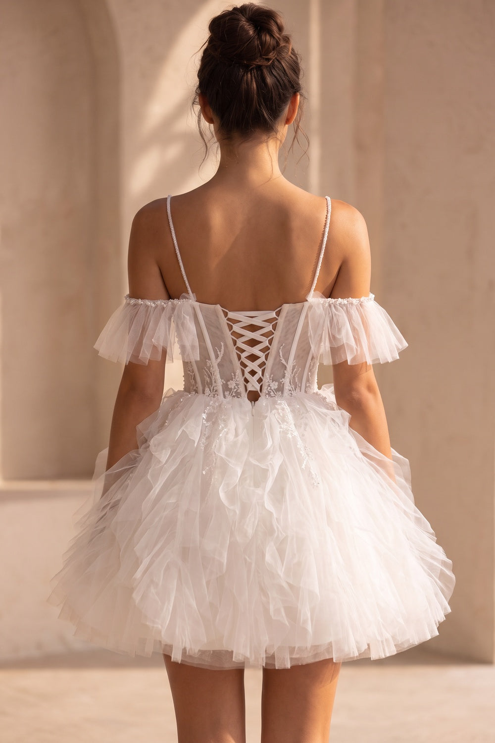 White Tulle Fit-and-Flare Mini Dress with Floral Lace Appliqué white tulle dress - product view 3