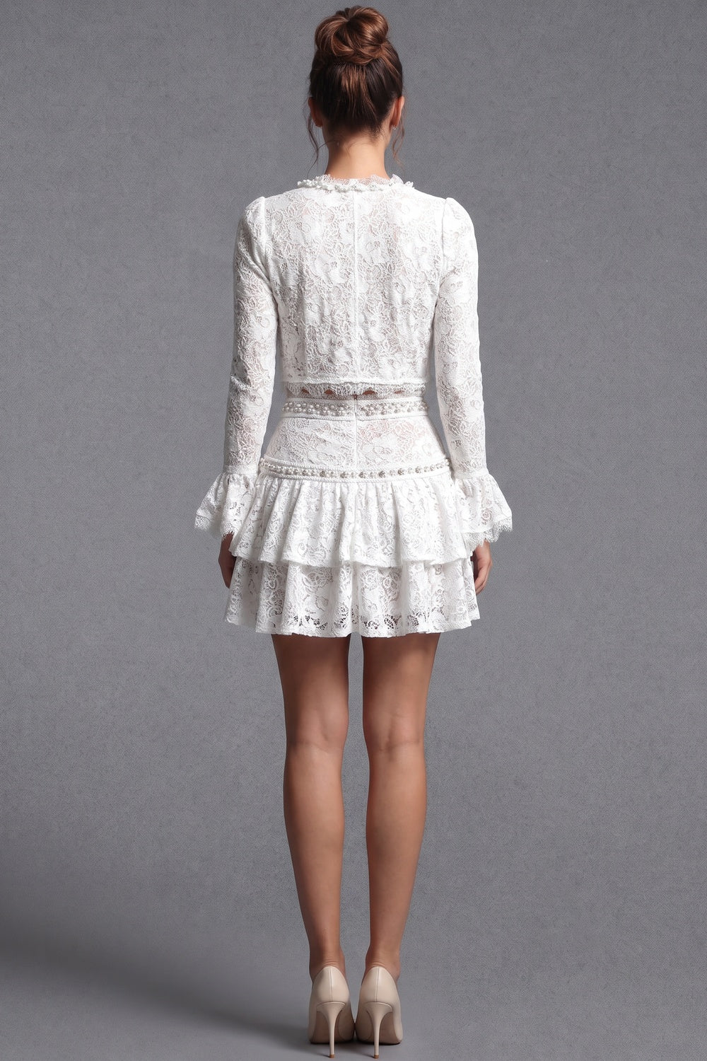 White Floral Corded Lace Fitted Cropped Jacket with Flared Mini Skirt Two-Piece Set white floral corded lace two-piece set - product view 3