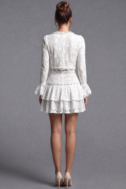 White Floral Corded Lace Fitted Cropped Jacket with Flared Mini Skirt Two-Piece Set white floral corded lace two-piece set - product view 3