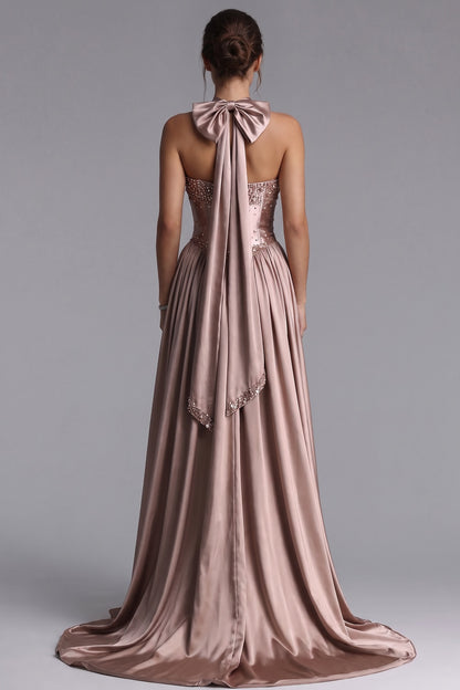 Rose Gold Satin A-Line Evening Gown rose gold, dusty rose satin evening gown - product view 3