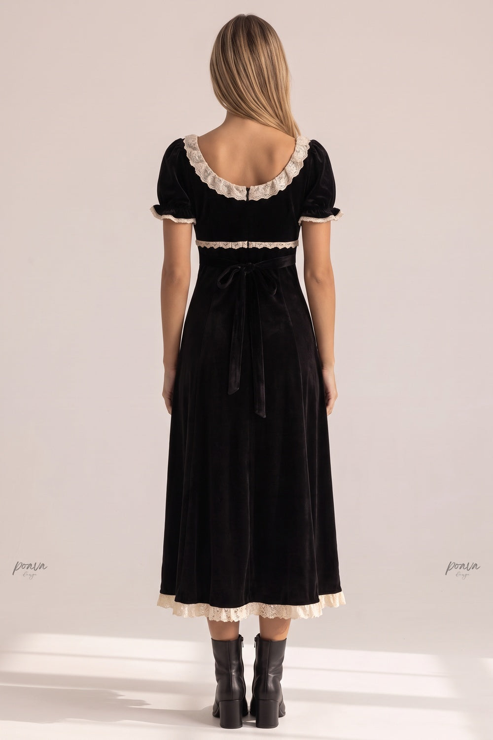 Black Velvet Empire-Waist A-Line Dress with Cream Lace Trim black velvet dress - product view 3